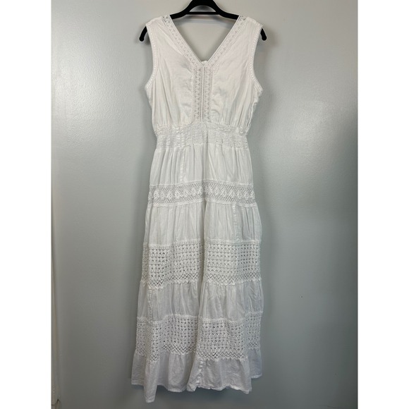 Nation AK Boho Crochet Lace Maxi Dress Medium Beach Wedding White Smocked Resort - Picture 8 of 9